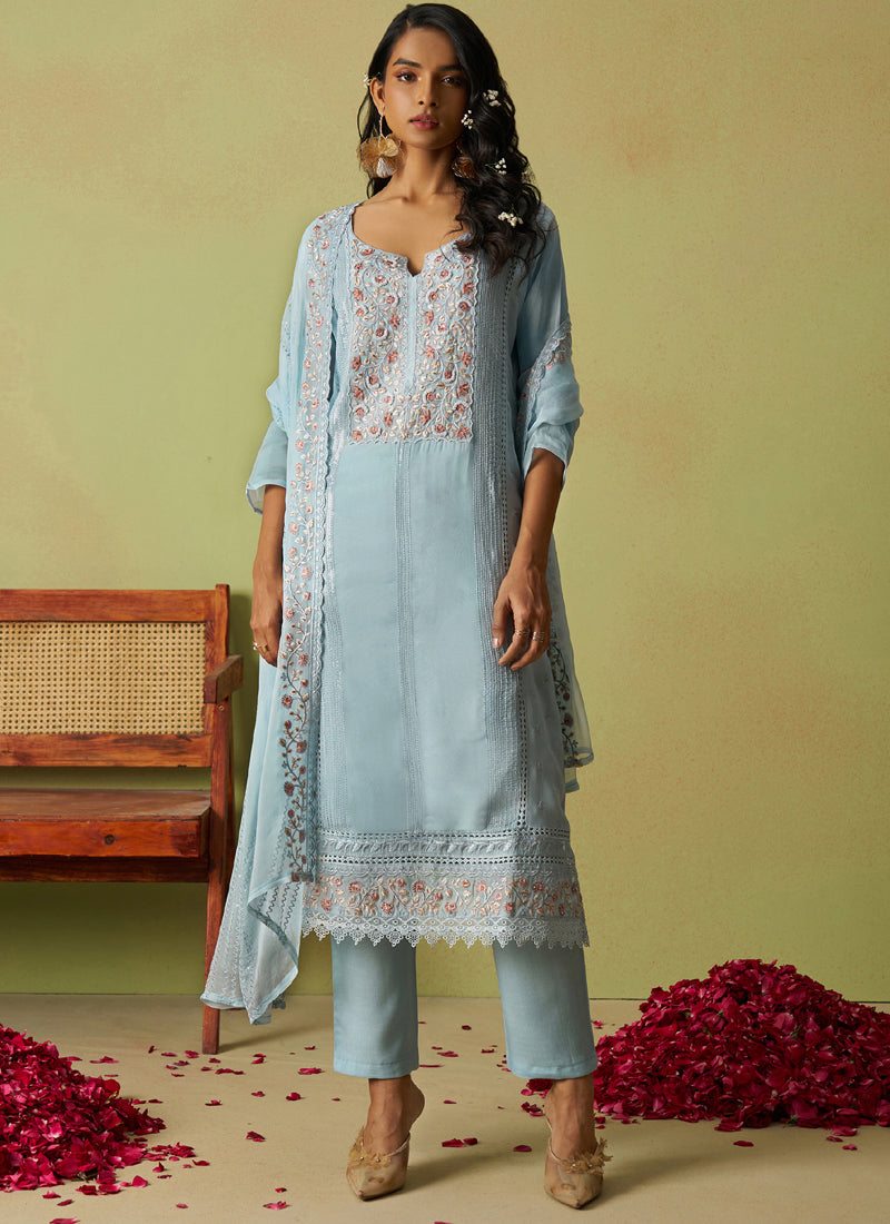 Sky blue A-line organza embroidered salwar suit with matching dupatta