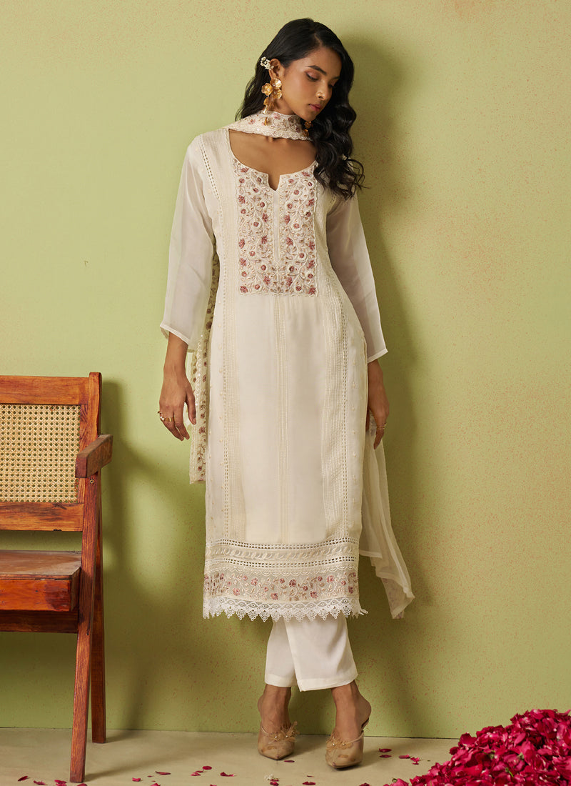 Off White Pure Organza Embroidered A-Line Salwar Suit