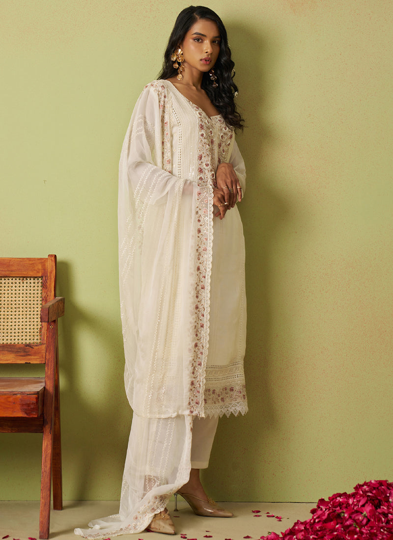 Off White Pure Organza Embroidered A-Line Salwar Suit