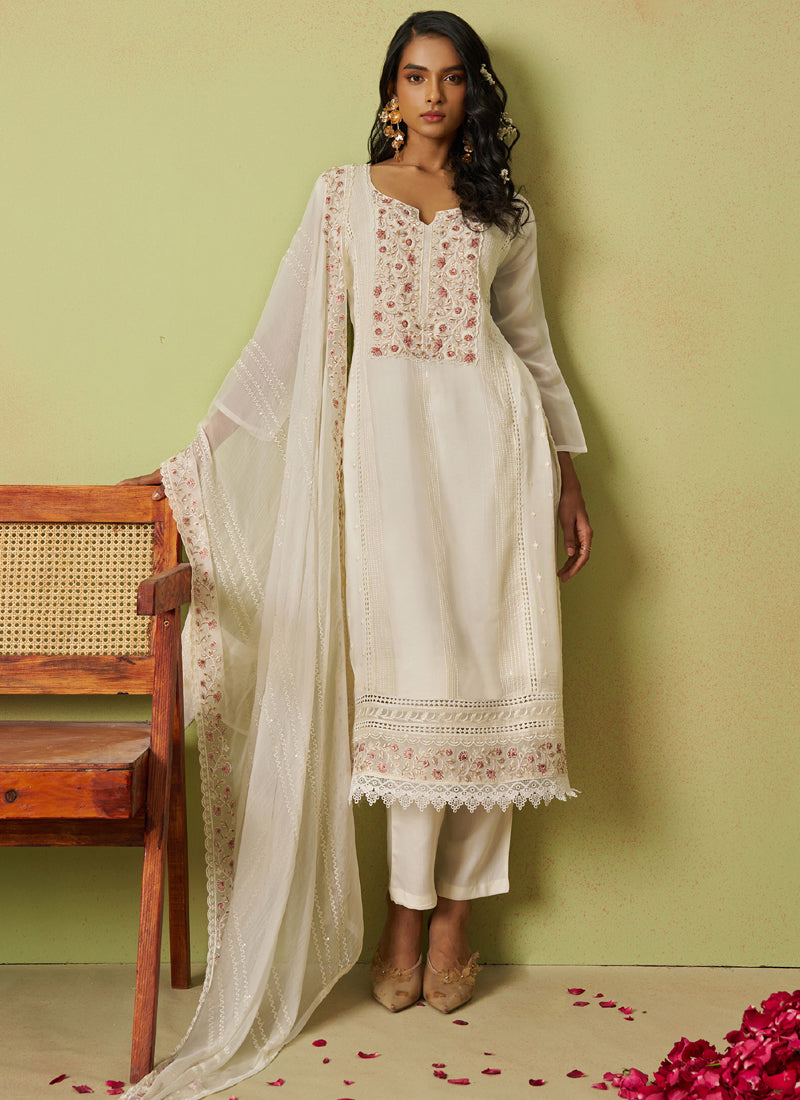 Sophisticated off white pure organza A-line salwar suit with detailed embroidery