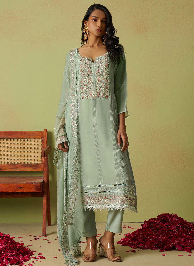 Sea Green Pure Organza Embroidered A-Line Salwar Suit