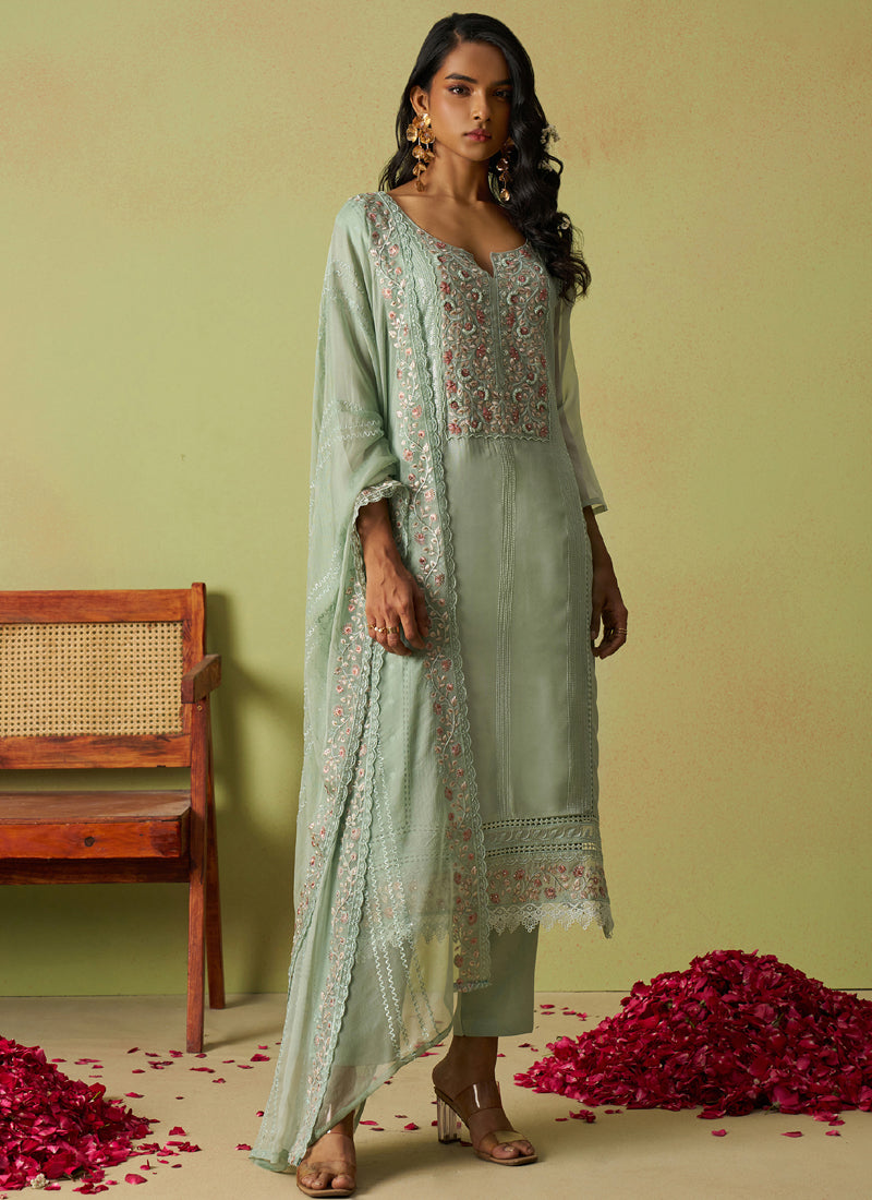 Sea Green Pure Organza Embroidered A-Line Salwar Suit