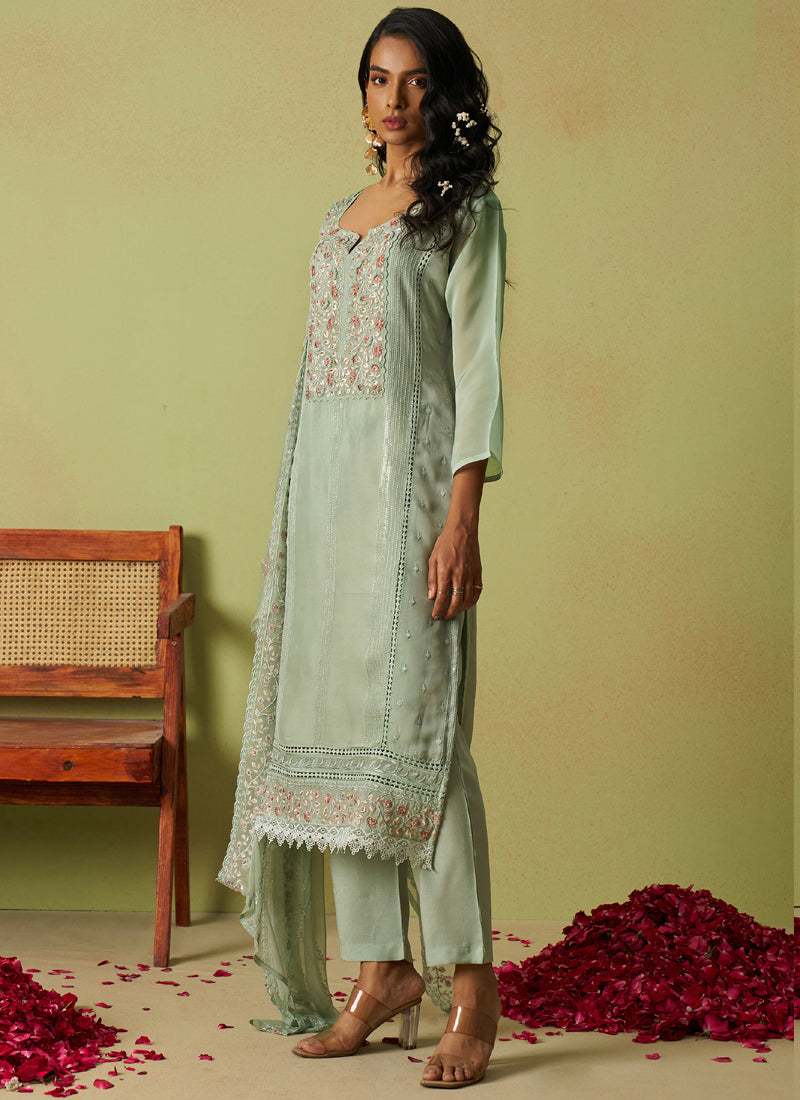 Sea Green Pure Organza Embroidered A-Line Salwar Suit