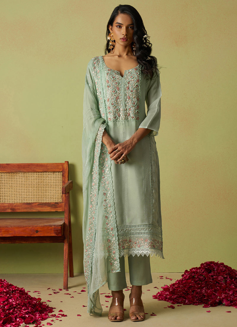 Elegant sea green pure organza A-line salwar suit with delicate embroidery