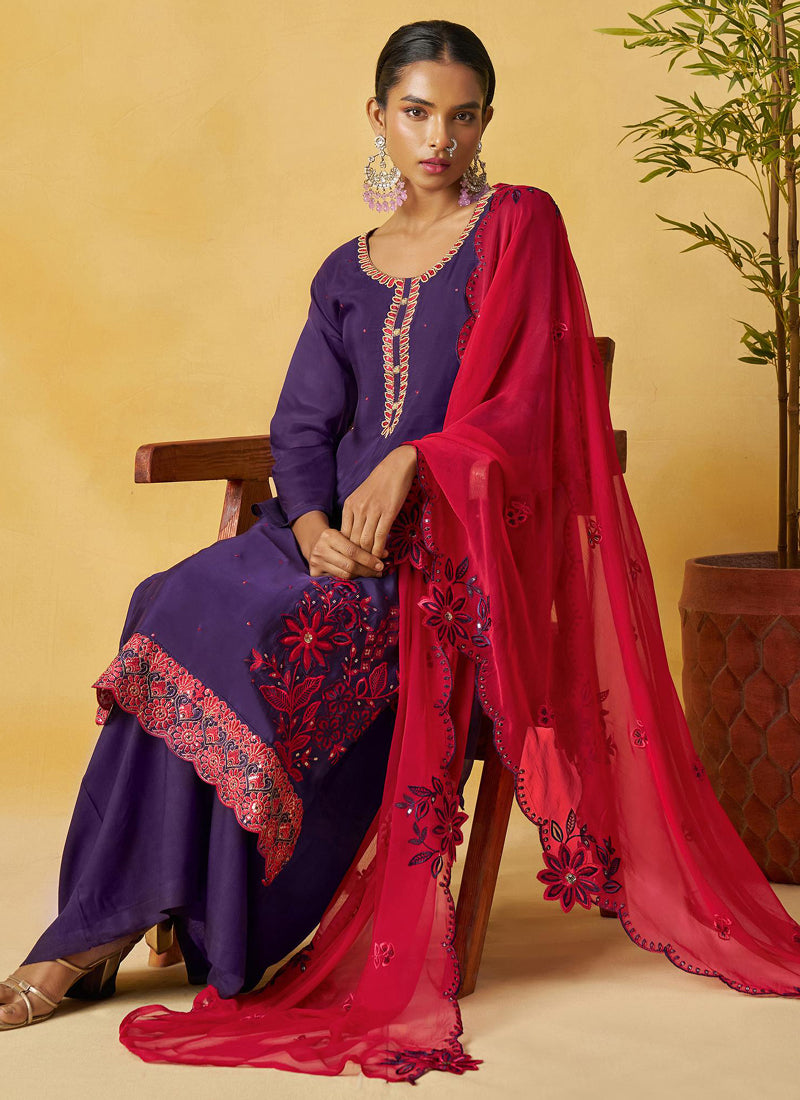Violet Organza Embroidered Palazzo Suit with Handwork Detailing