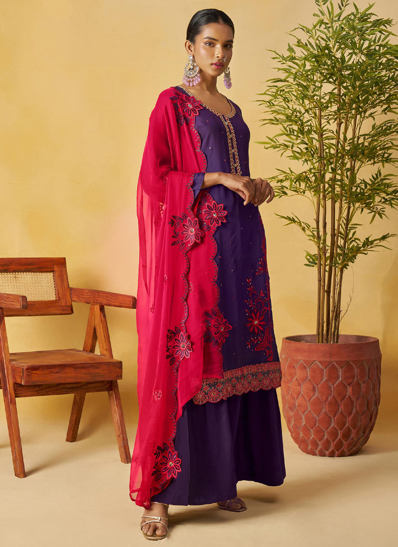 Violet Organza Embroidered Palazzo Suit with Handwork Detailing