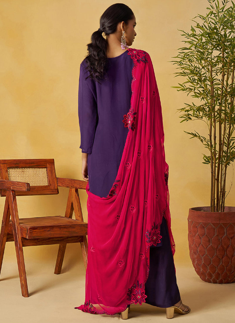 Violet Organza Embroidered Palazzo Suit with Handwork Detailing