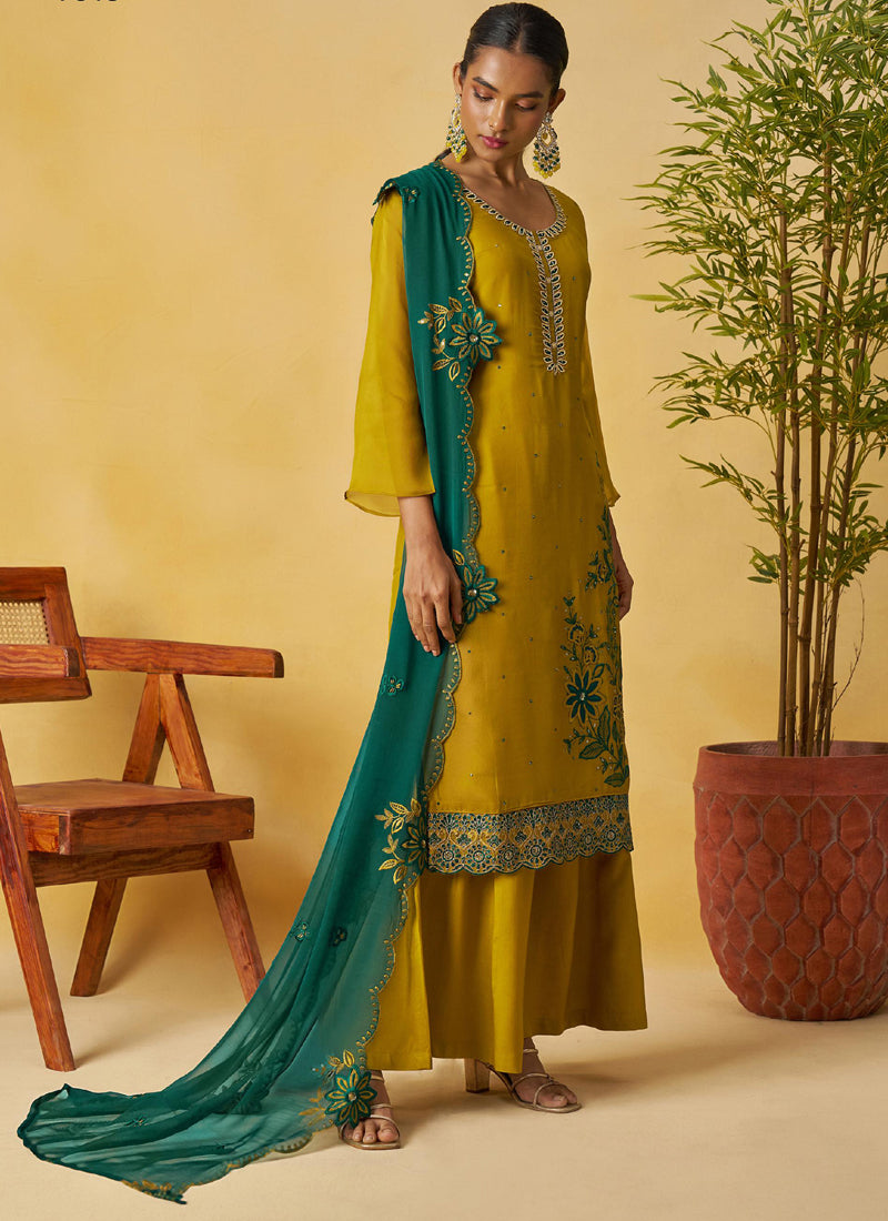 Vegaa Fashion Mustard Organza Embroidered And Handwork Palazzo Suit