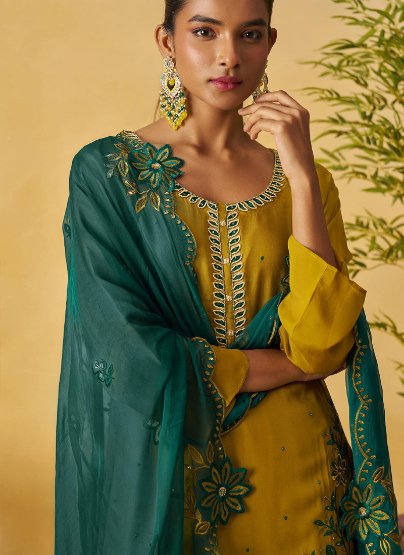 Vegaa Fashion Mustard Organza Embroidered And Handwork Palazzo Suit