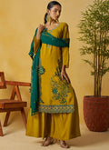 Mustard colored organza palazzo suit with detailed handwork and embroidery.