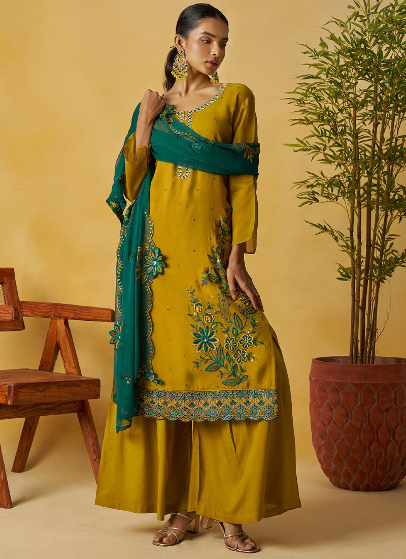 Vegaa Fashion Mustard Organza Embroidered And Handwork Palazzo Suit