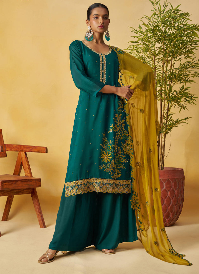 Vegaa Fashion Aqua Green Organza Embroidered And Handwork Palazzo Suit