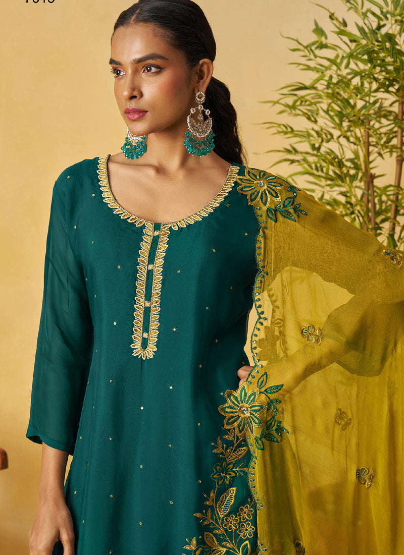 Vegaa Fashion Aqua Green Organza Embroidered And Handwork Palazzo Suit