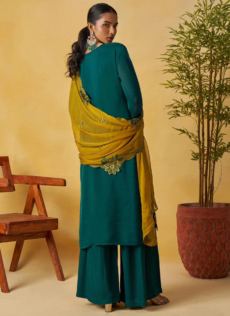 Vegaa Fashion Aqua Green Organza Embroidered And Handwork Palazzo Suit