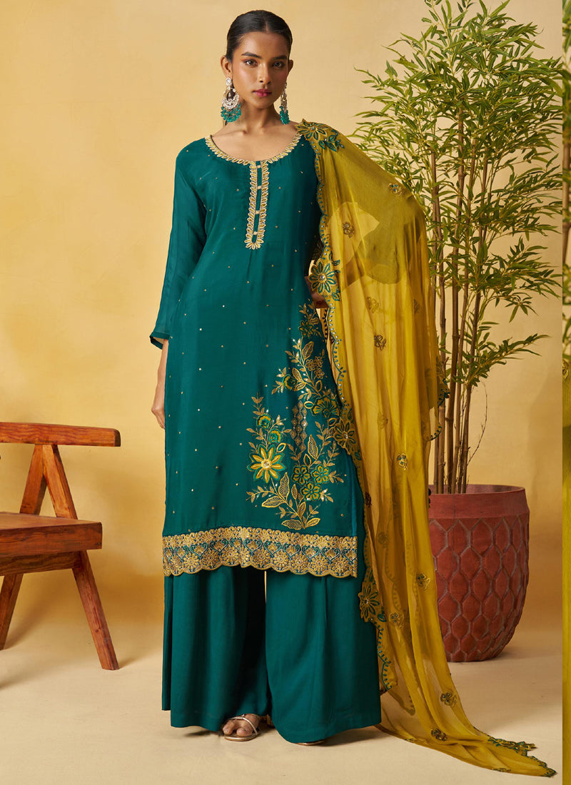 Vegaa Fashion Aqua Green Organza Embroidered And Handwork Palazzo Suit
