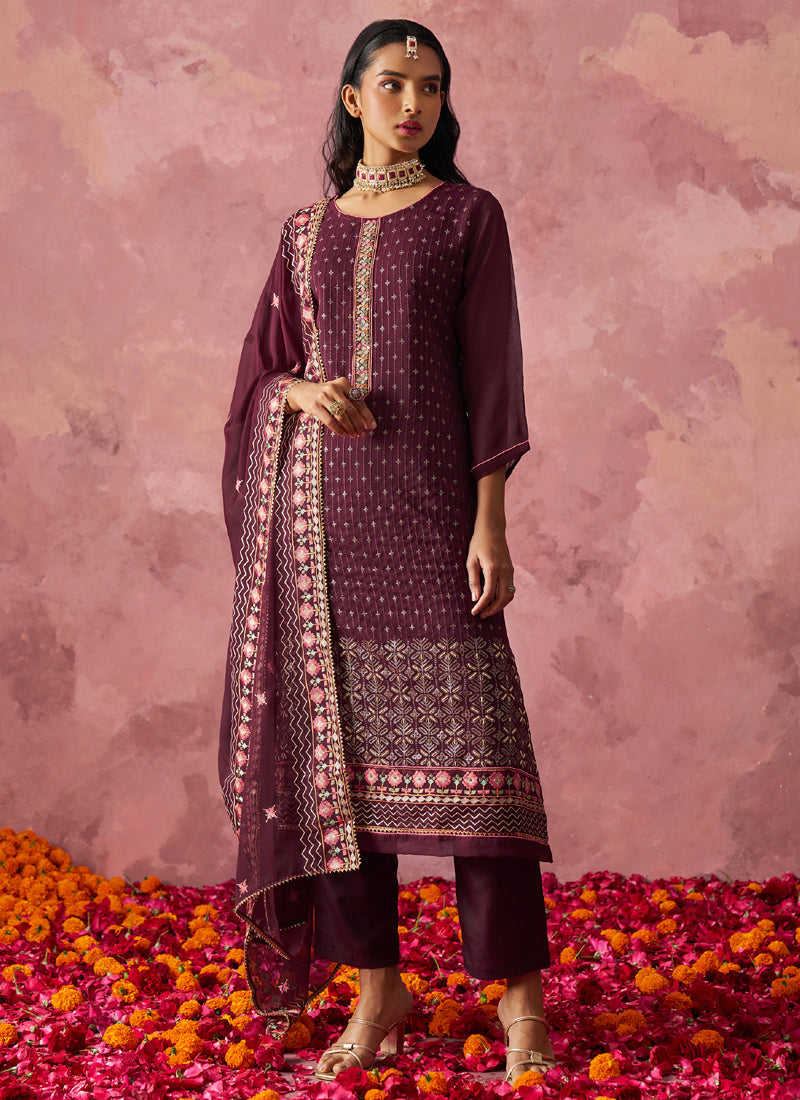 Vegaa Fashion Wine Georgette Embroidered Designer Salwar Suit