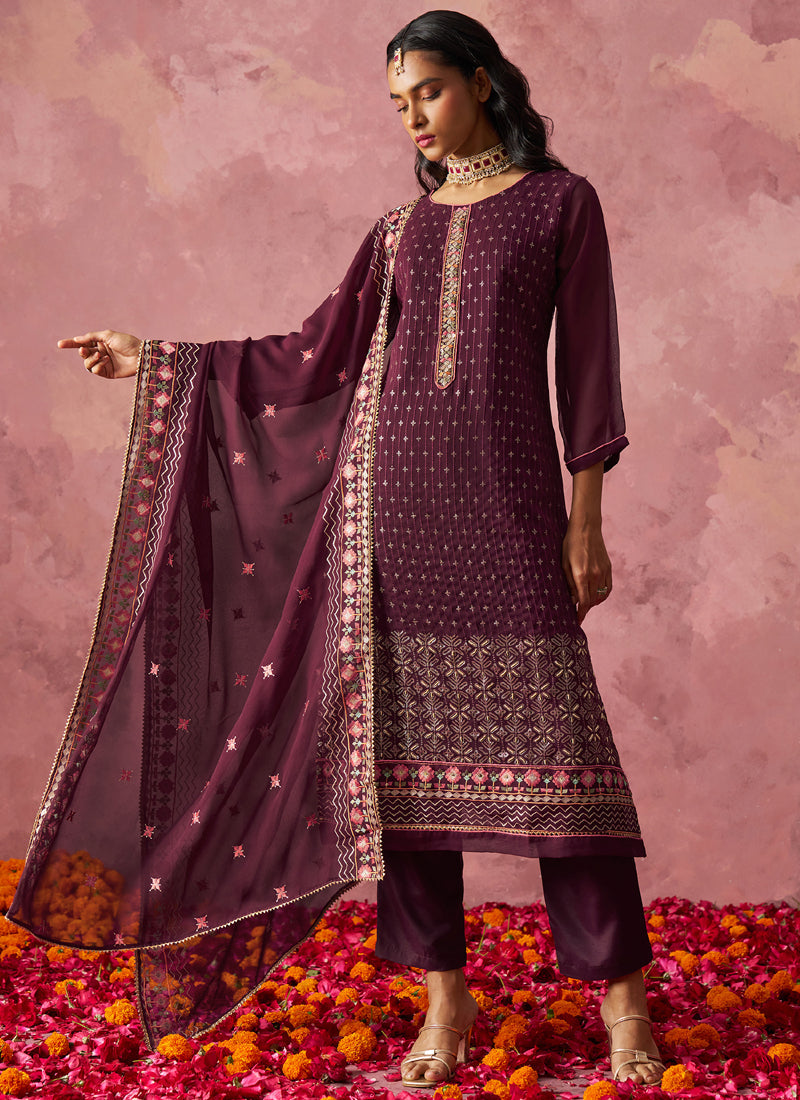 Vegaa Fashion Wine Georgette Embroidered Designer Salwar Suit