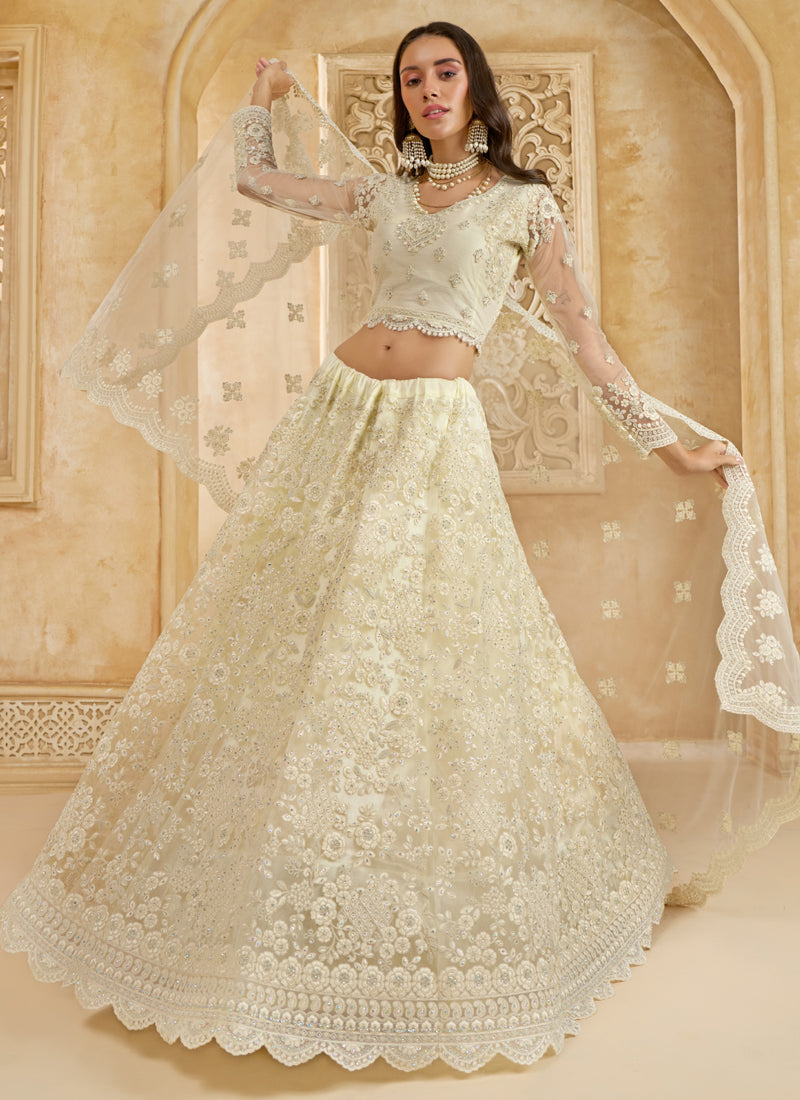 Off White Net Thread Work Wedding Lehenga Choli Set