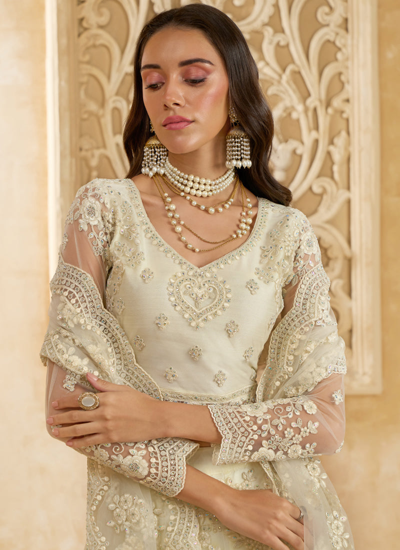 Off White Net Thread Work Wedding Lehenga Choli Set