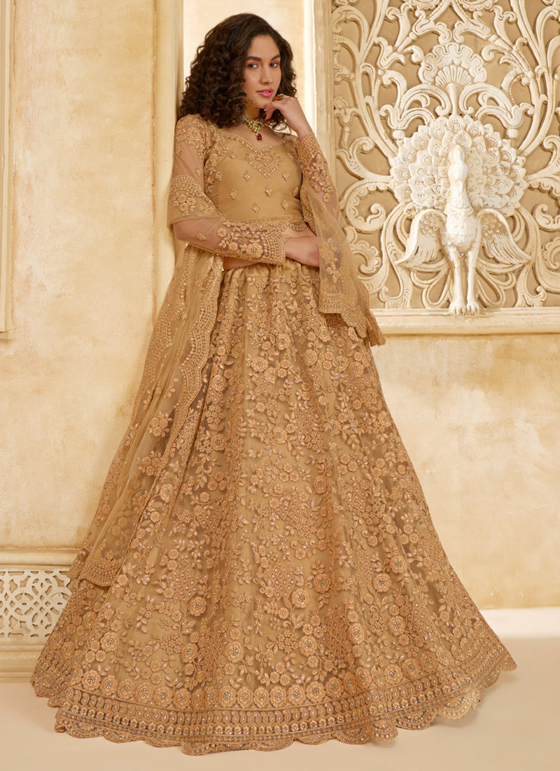 Beige Net Thread Work Wedding Lehenga Choli Set
