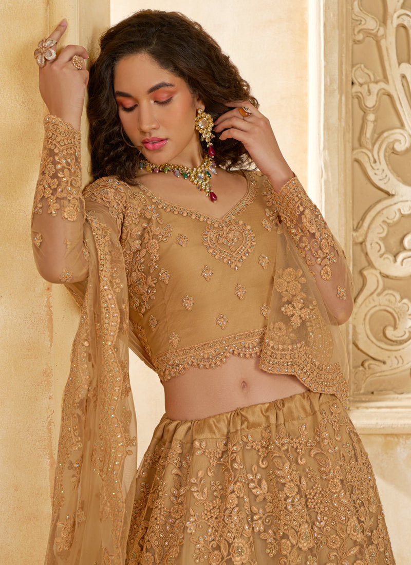 Beige Net Thread Work Wedding Lehenga Choli Set