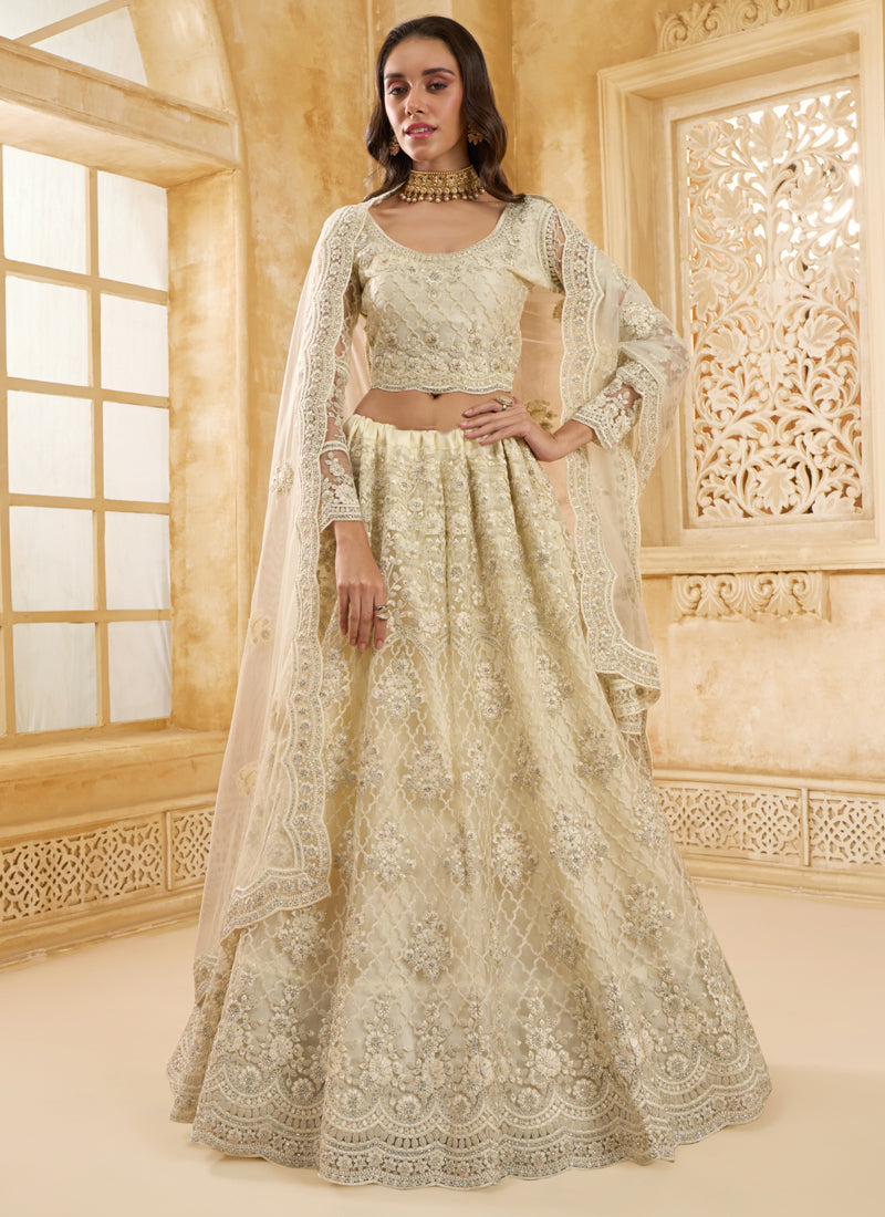 Off-white net wedding lehenga with delicate thread embroidery