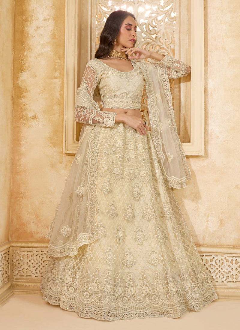 Off White Net Thread Work Wedding Lehenga Set