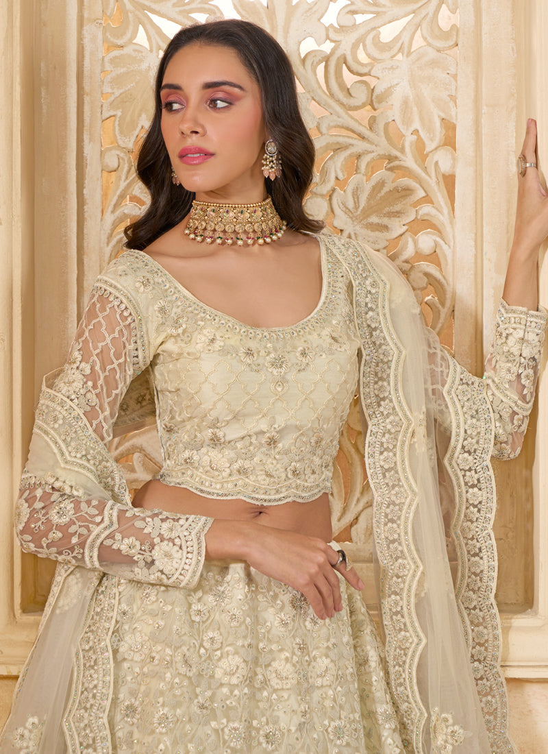 Off White Net Thread Work Wedding Lehenga Set