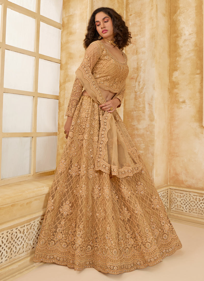 Beige Net Thread Work Wedding Lehenga Set