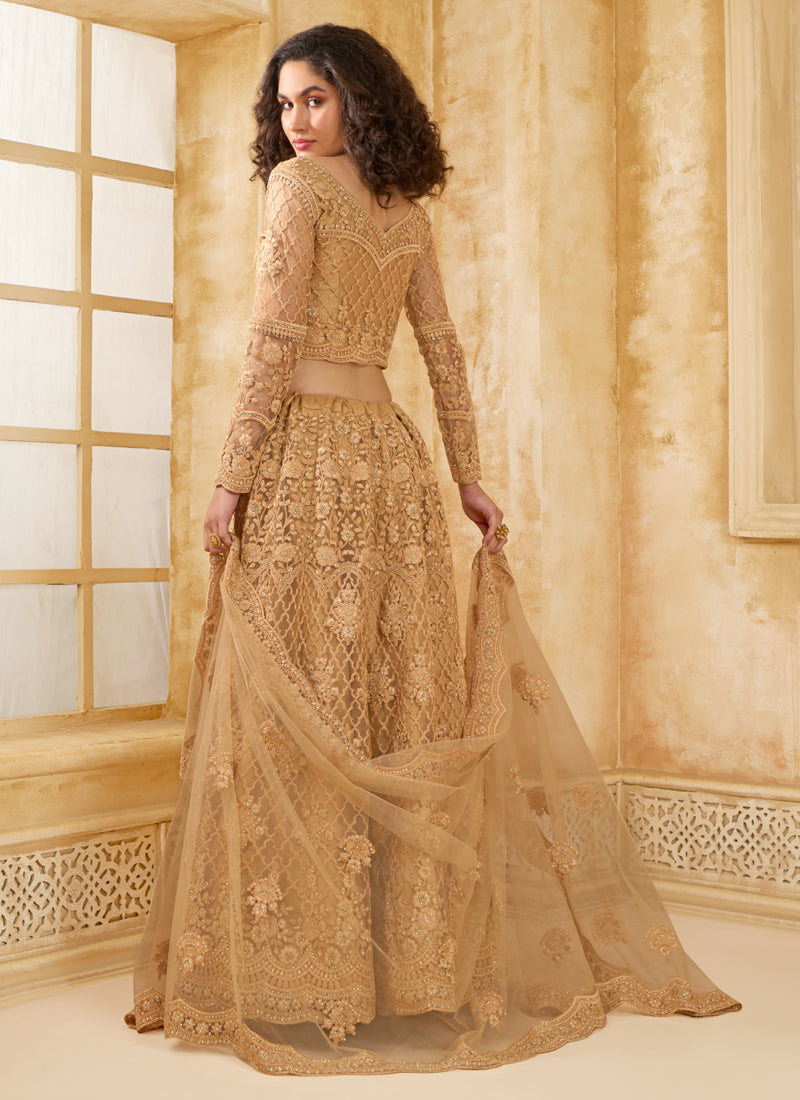 Beige Net Thread Work Wedding Lehenga Set