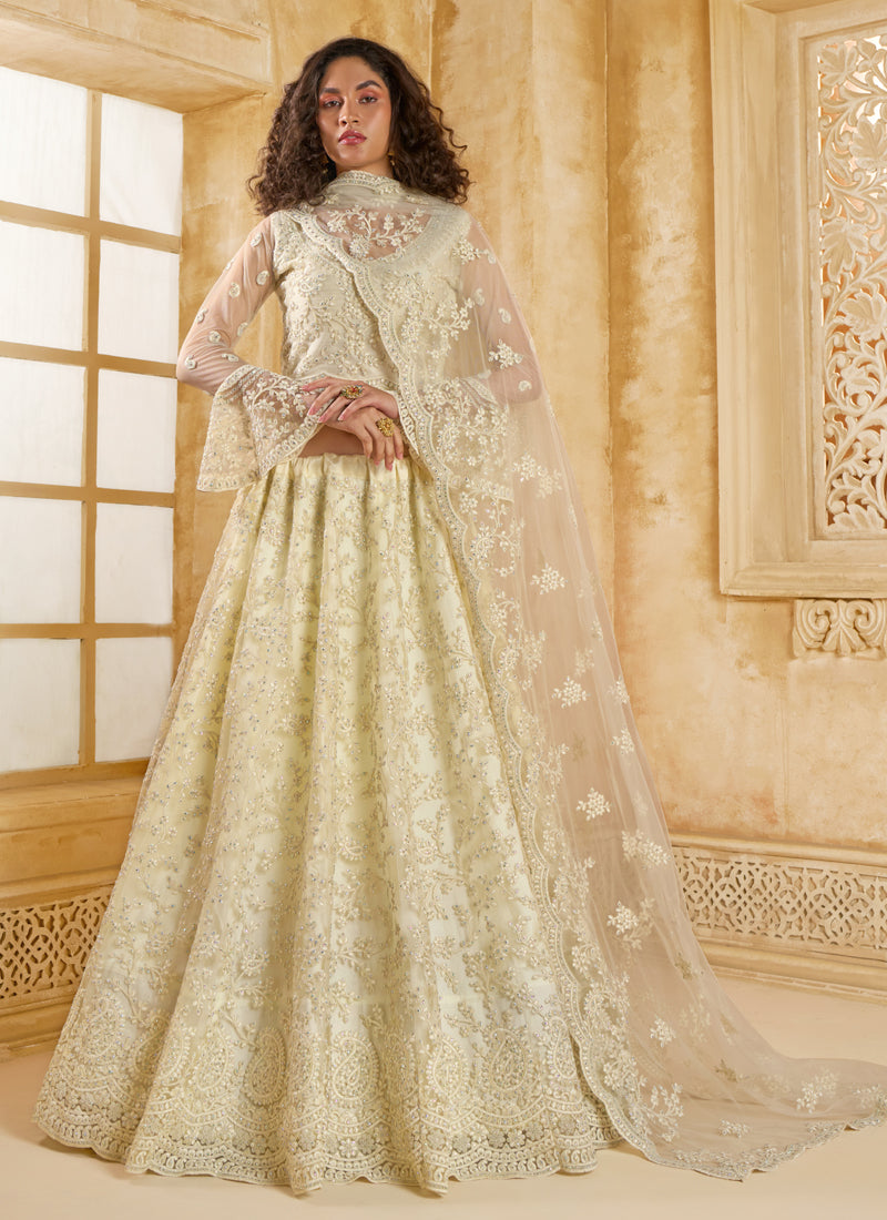 Off-white net wedding lehenga with beautiful thread embroidery