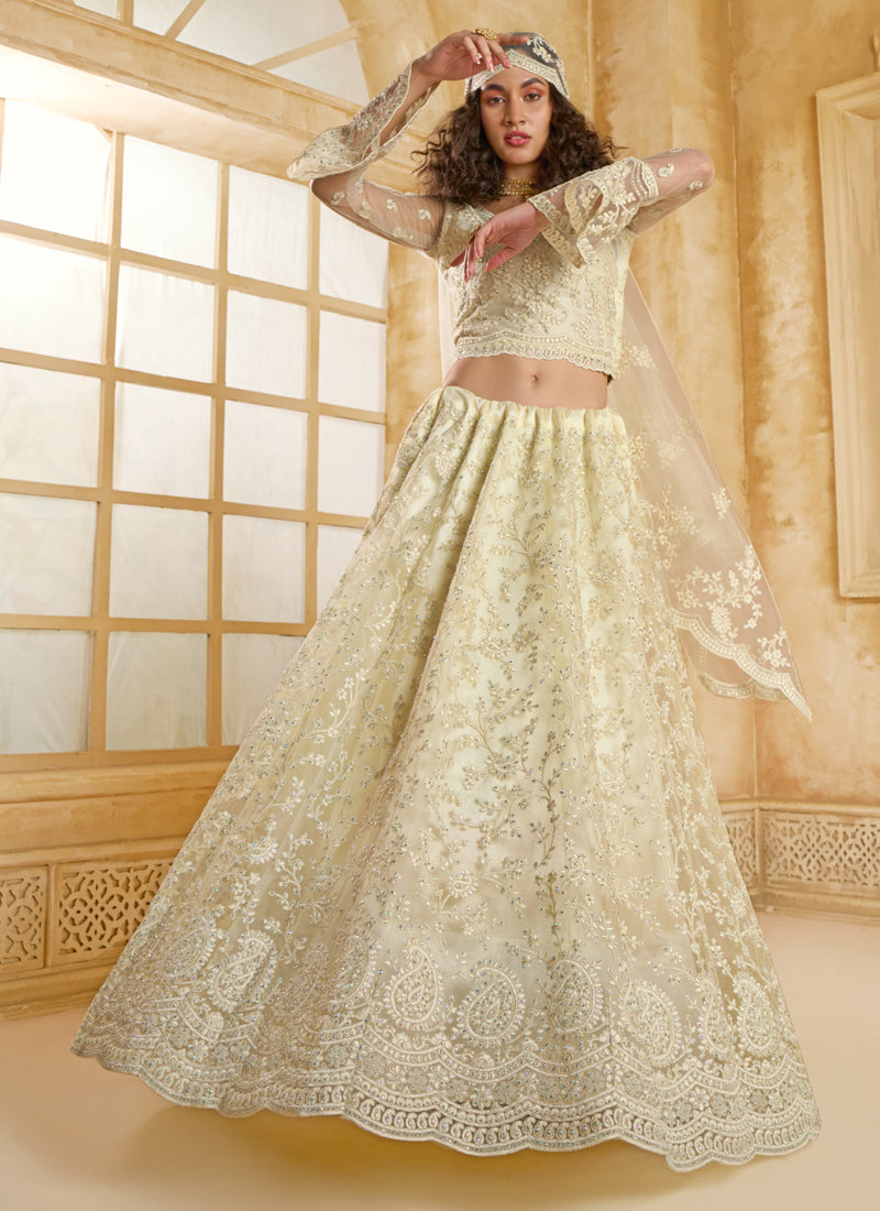 Off White Net Thread Work Wedding Lehenga Choli Set