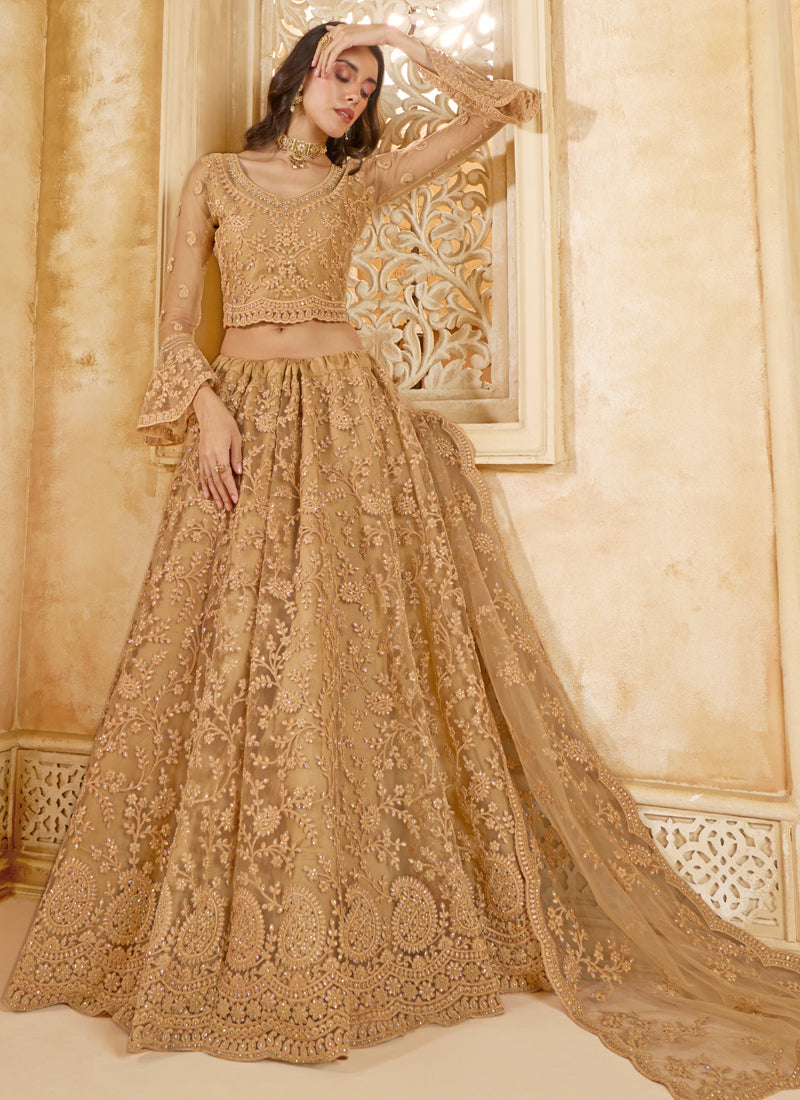 Beige Net Thread Work Wedding Lehenga with Embroidered Blouse