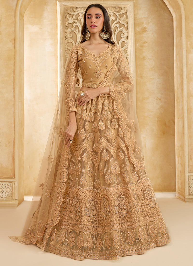 Beige net wedding lehenga set with detailed thread work embroidery