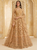 Beige net wedding lehenga set with detailed thread work embroidery