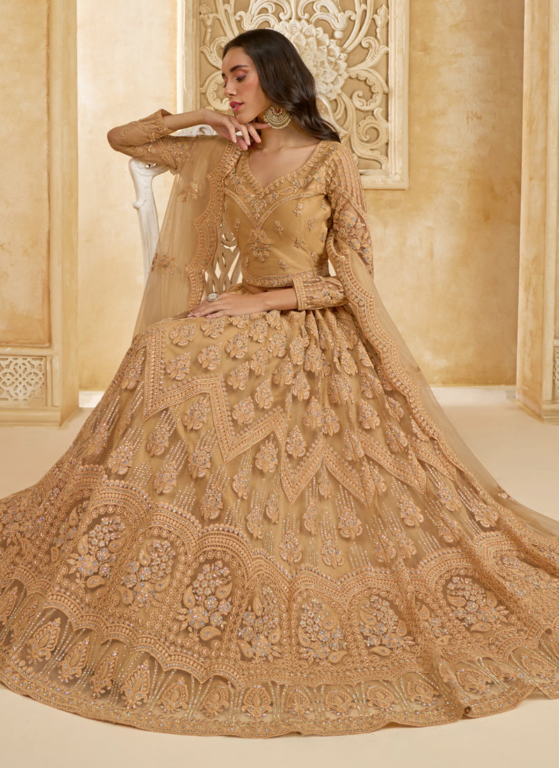Beige Net Thread Work Wedding Lehenga Choli Set