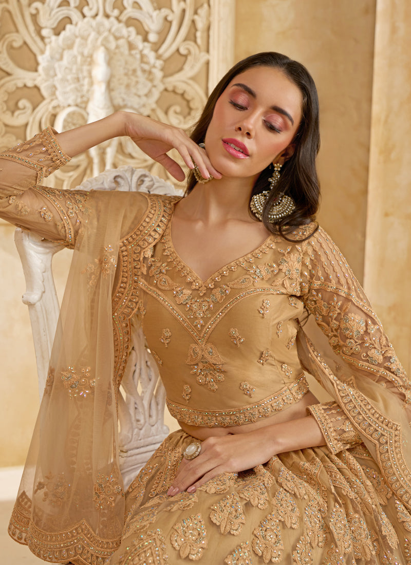 Beige Net Thread Work Wedding Lehenga Choli Set