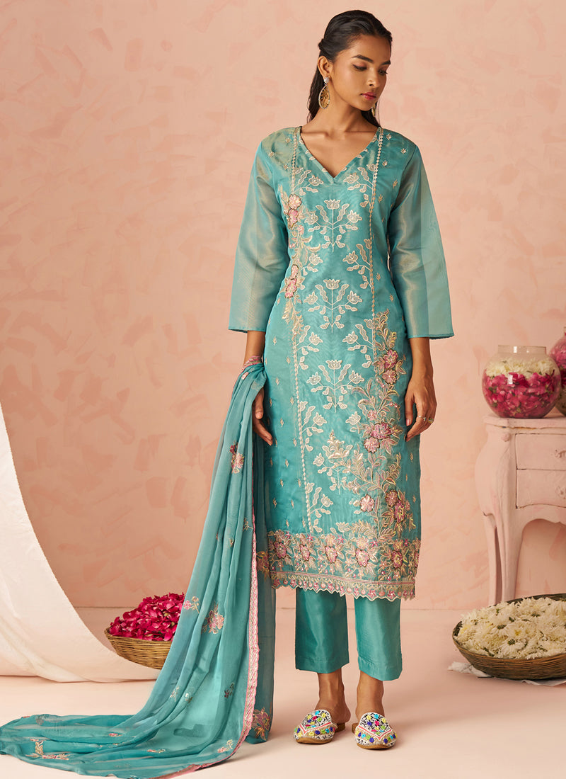 Vegaa Fashion Sky Blue Silk Zari Fancy Embroidered Designer Suit For Wedding