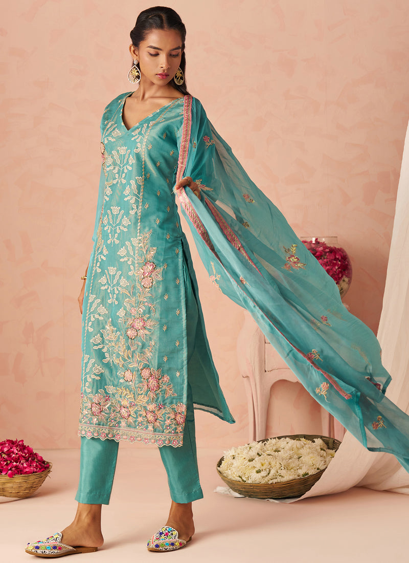 Vegaa Fashion Sky Blue Silk Zari Fancy Embroidered Designer Suit For Wedding