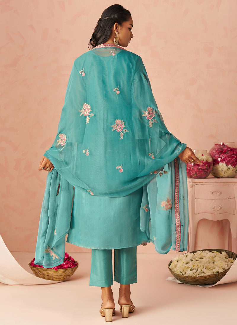 Vegaa Fashion Sky Blue Silk Zari Fancy Embroidered Designer Suit For Wedding