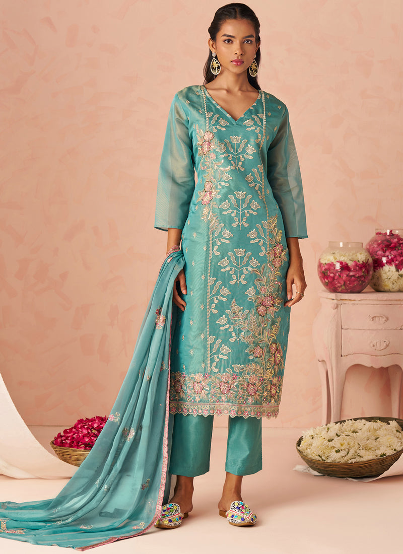 Vegaa Fashion Sky Blue Silk Zari Fancy Embroidered Designer Suit For Wedding