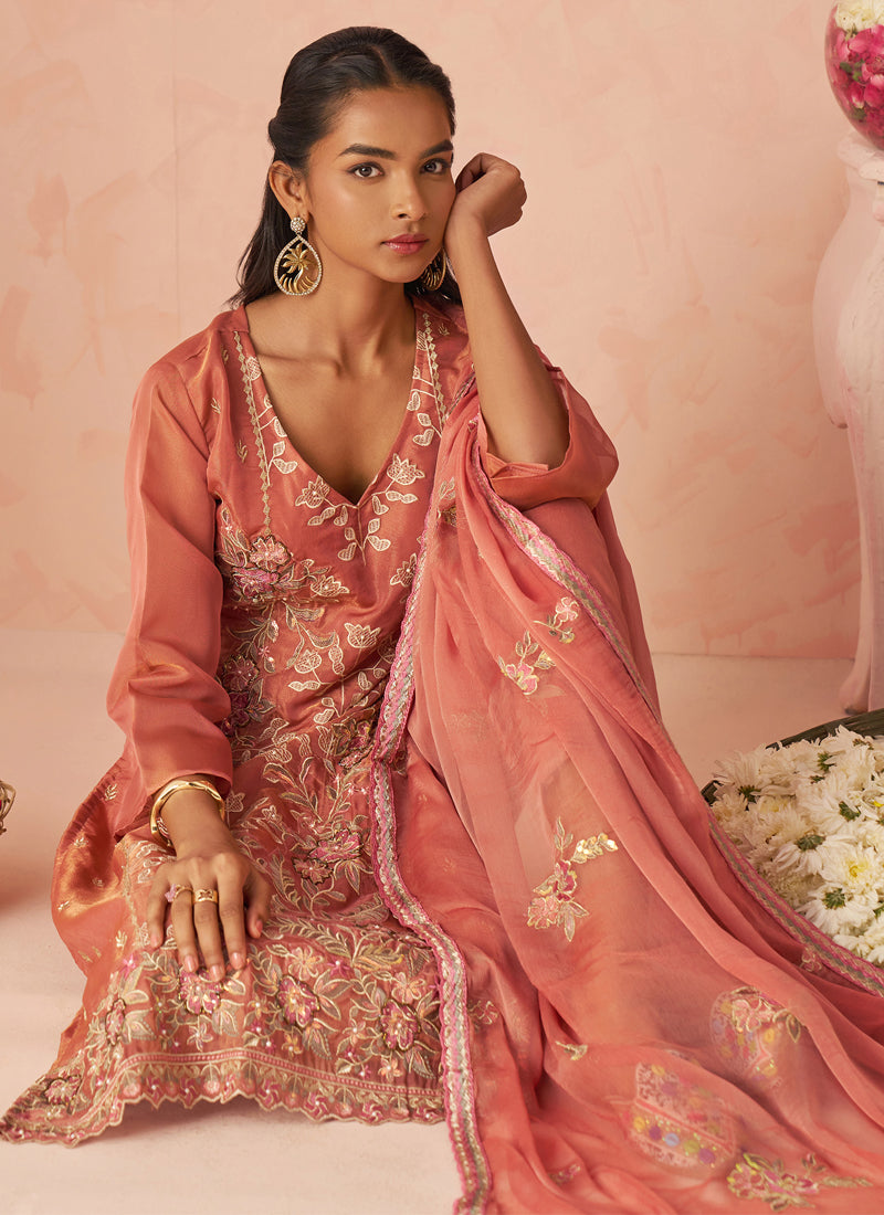Vegaa Fashion Rust Silk Zari Fancy Embroidered Designer Suit For Wedding