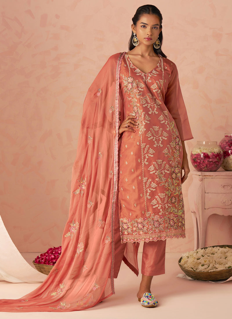 Vegaa Fashion Rust Silk Zari Fancy Embroidered Designer Suit For Wedding