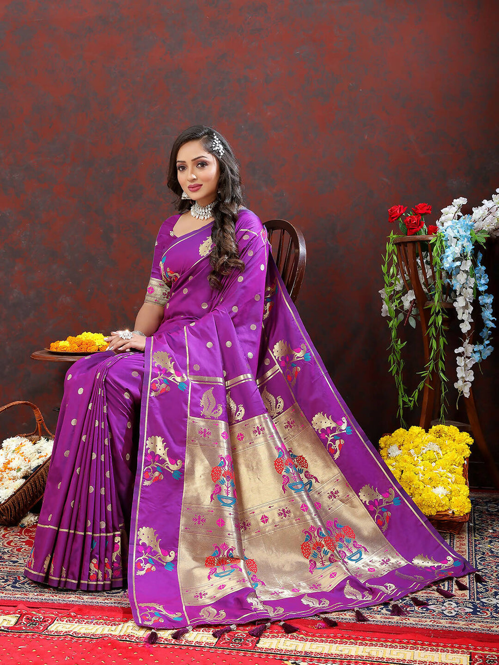 Wine Soft Paithani Silk Saree with Gold Zari Meenakari Weaving