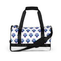 Basketball-themed all-over print gym bag with black straps and side text detail
