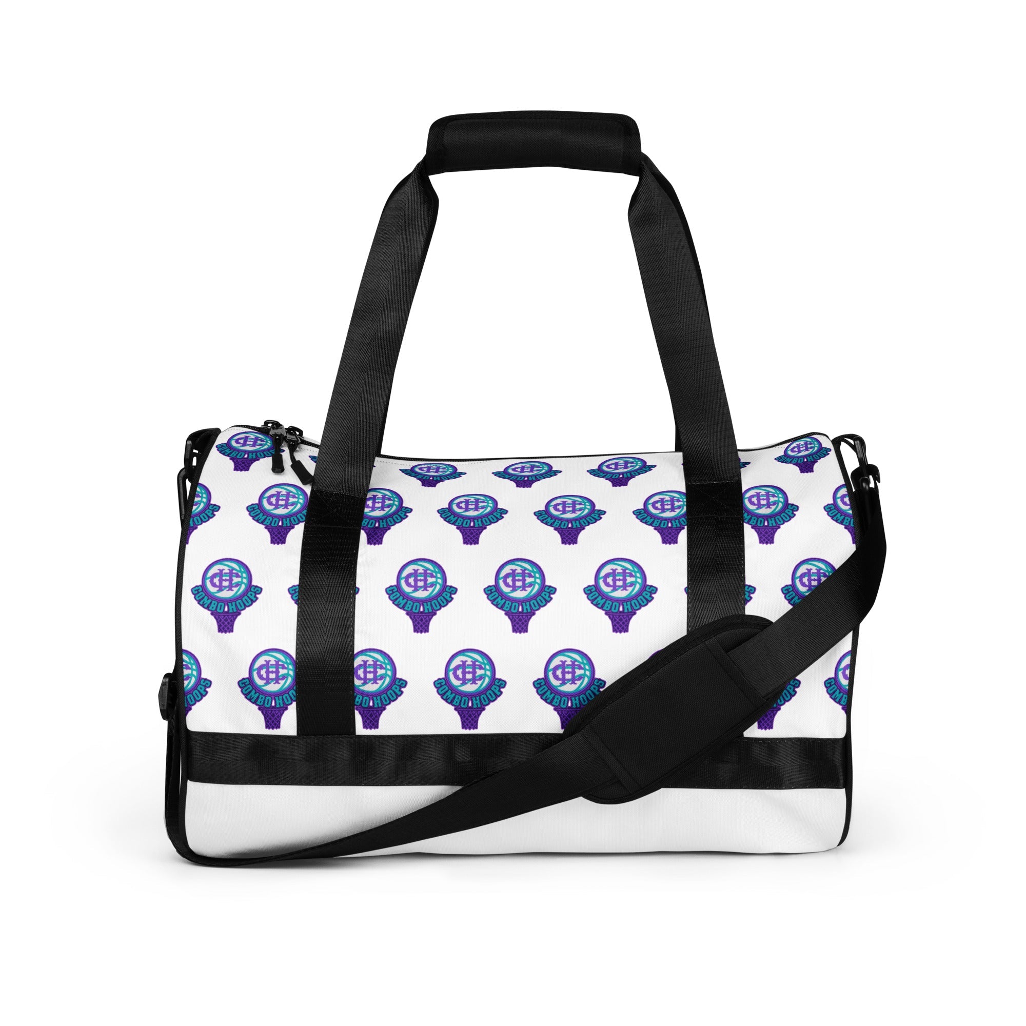 Basketball-themed all-over print gym bag with black straps and side text detail