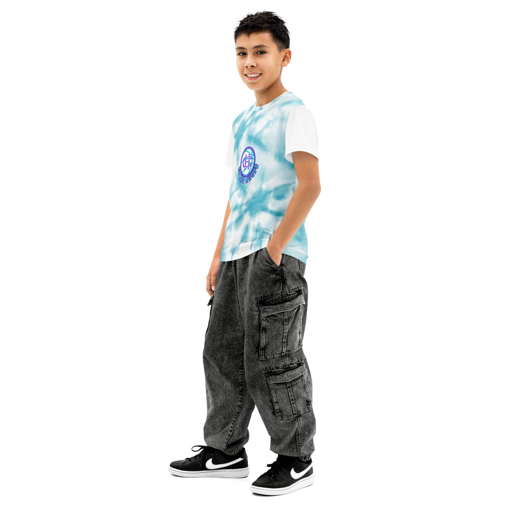 Combo Hoops aqua/white tie dye Youth cotton crew neck t-shirt