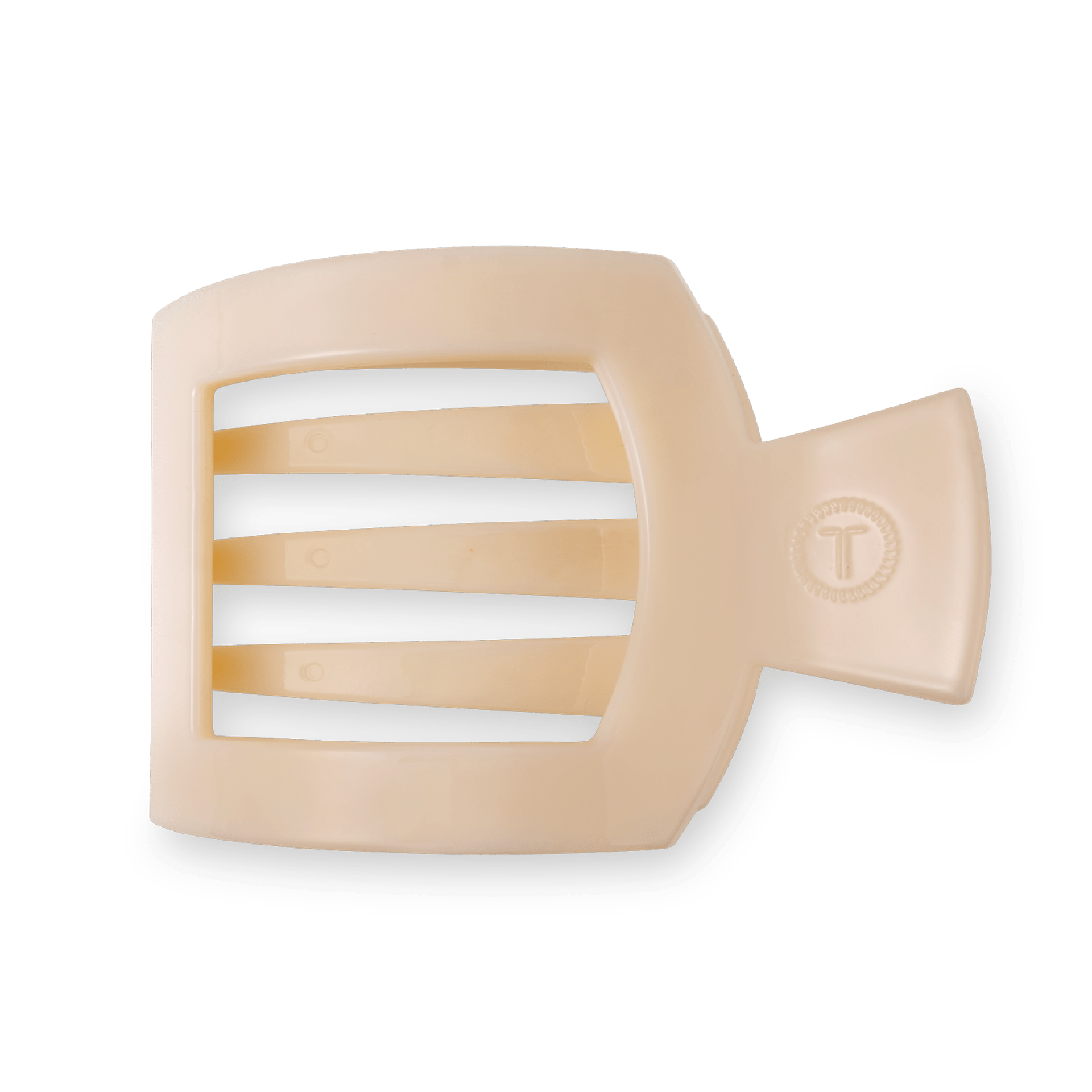 Large square hair clip in almond beige finish on a neutral background