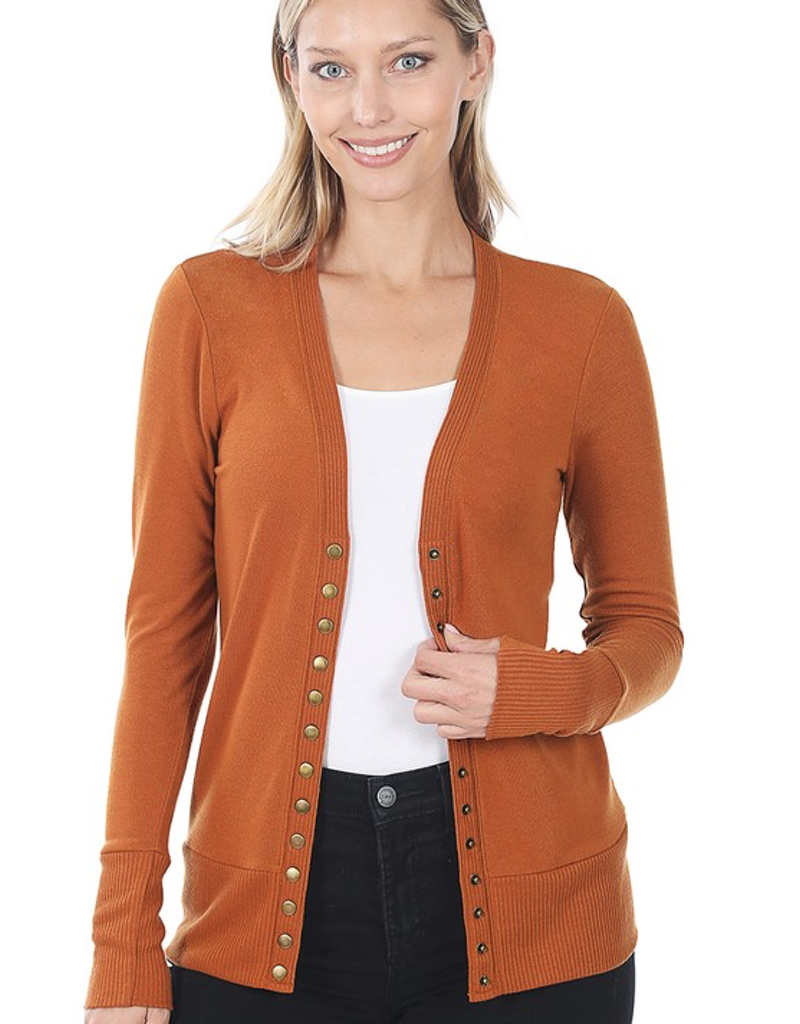 Model wearing an Almond colored snap-front cardigan with full sleeves