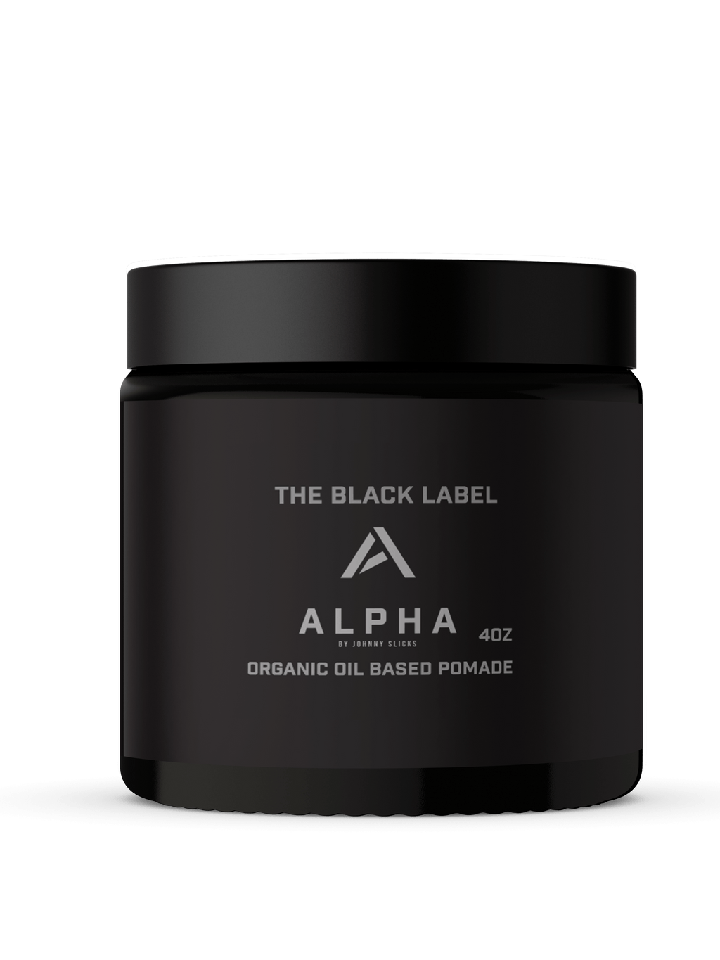 A 4oz jar of Alpha Organic Oil Based Pomade from the Black Label line, featuring a sleek matte black finish.